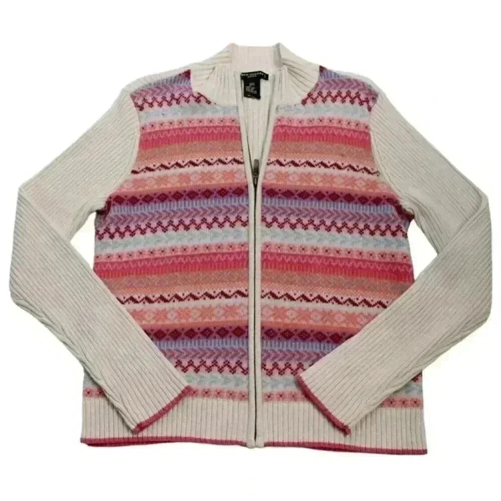 Vintage Women's Petite Small 100% Wool Multicolor Fair Isle Full Zip Sweater